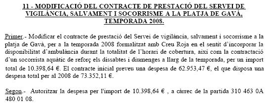 Modificaci&oacute; del contracte de l'Ajuntament de Gav&agrave; amb la Creu Roja pel servei de vigil&agrave;ncia, salvament i socorrisme a la platja de Gav&agrave; Mar (Junta de Govern Local del 13 de Maig de 2008)